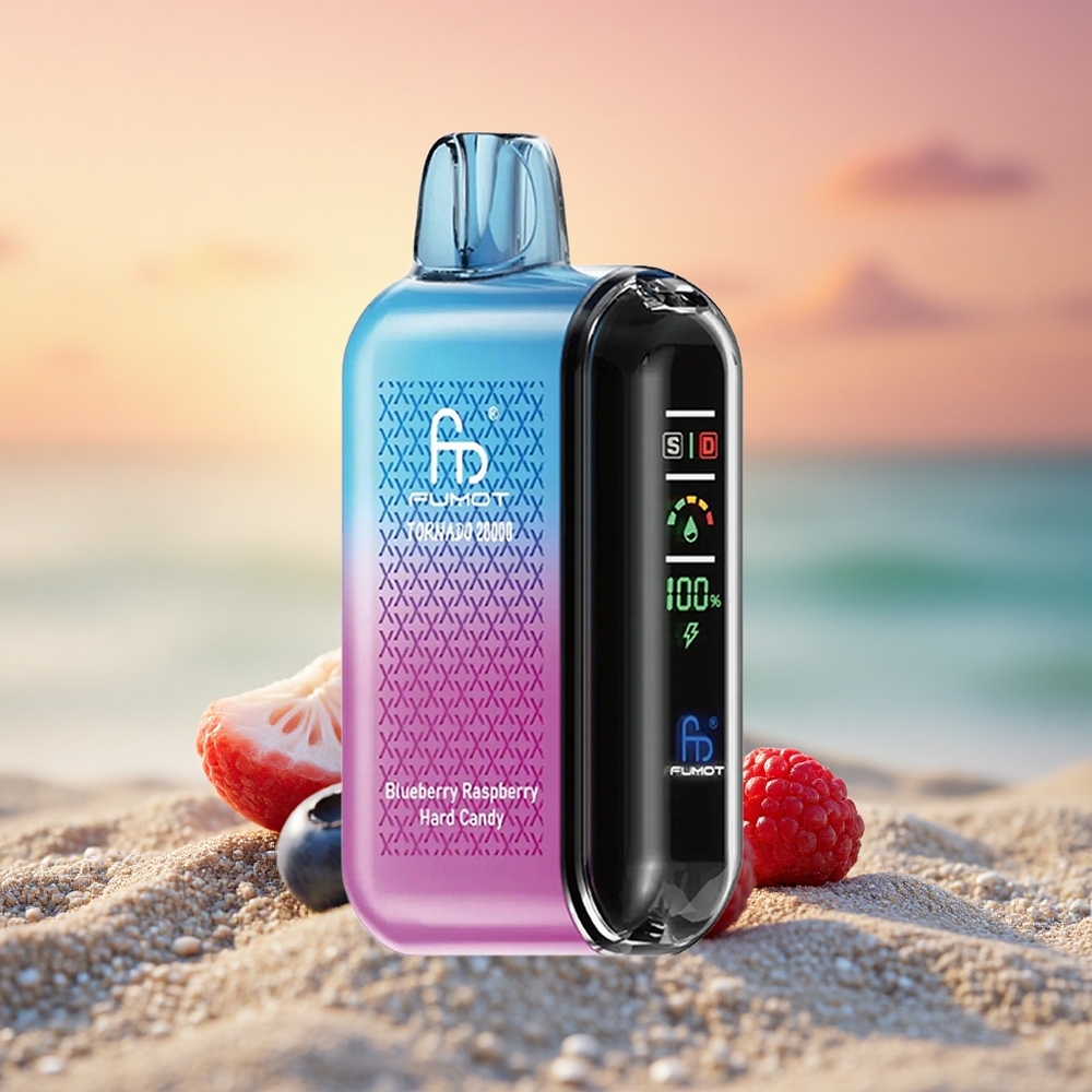 Fumot Tornado 20000 Puffs Blaubeere Himbeere Hartbonbon mit Dual Mesh Coil und Smart Display