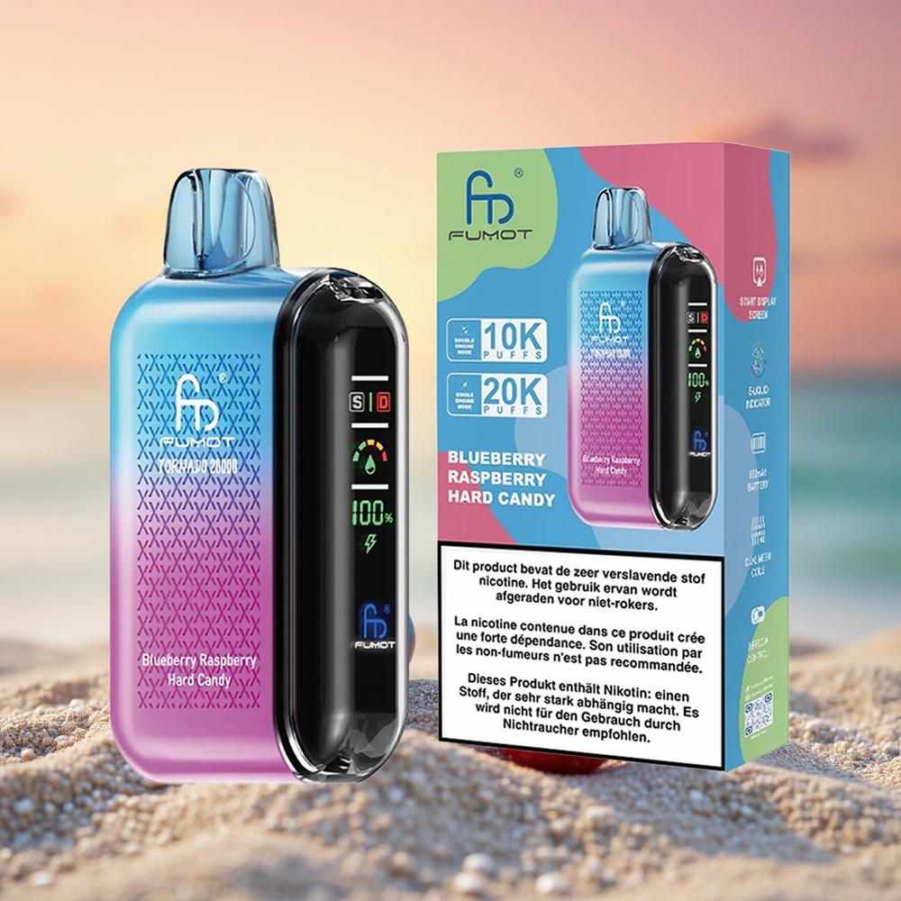Fumot Tornado 20000 Puffs Blaubeere Himbeere Hartbonbon mit Dual Mesh Coil und Smart Display