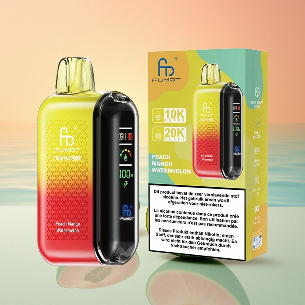 Fumot Tornado 20000 Puffs Pfirsich-Mango-Wassermelone Dual Mesh Coil Smart Display