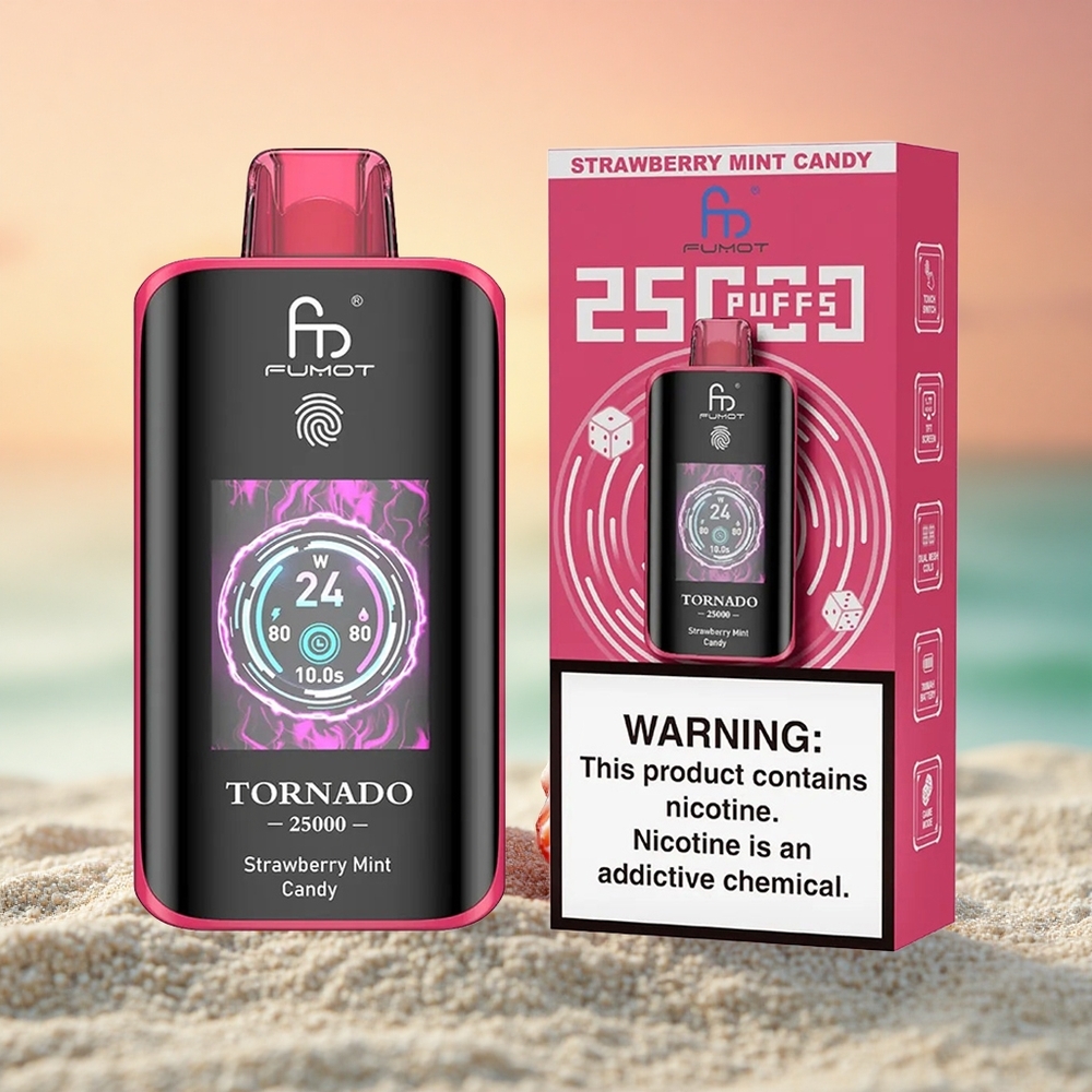 Fumot Tornado 25000 Puffs Erdbeer-Minz-Bonbon mit HD-Bildschirm und 20ml Vorratsflüssigkeit