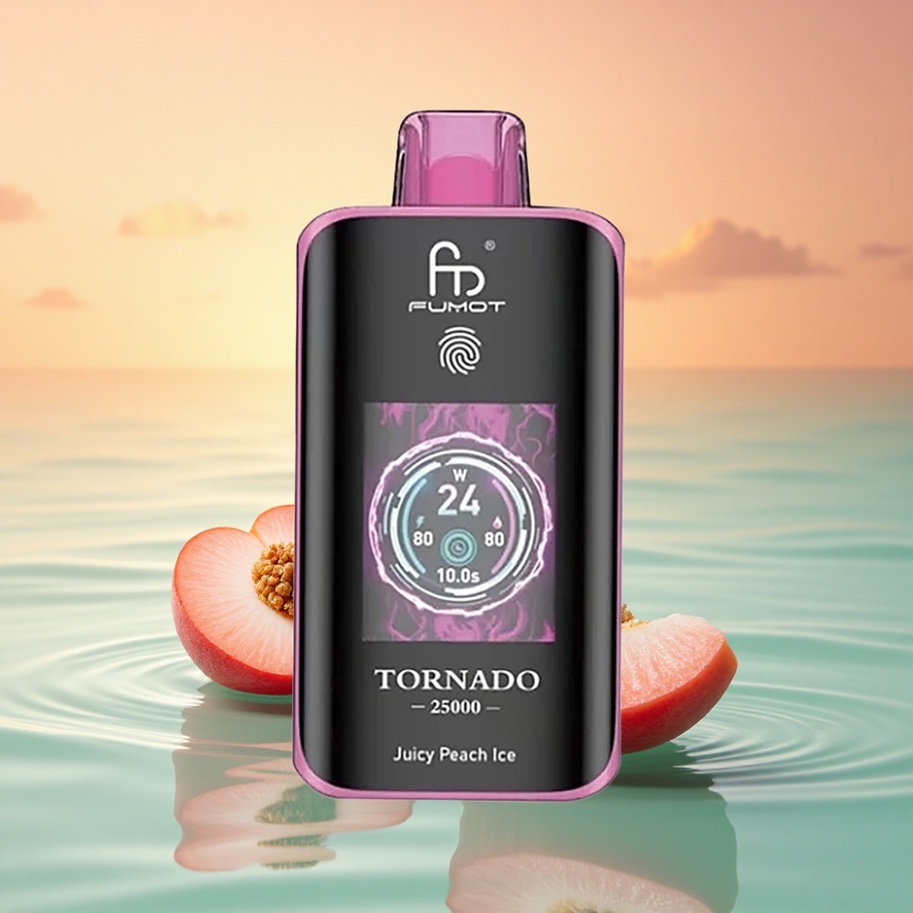 Fumot Tornado 25000 Puffs Saftiger Pfirsich Eis mit HD-Bildschirm und 700mAh Akku