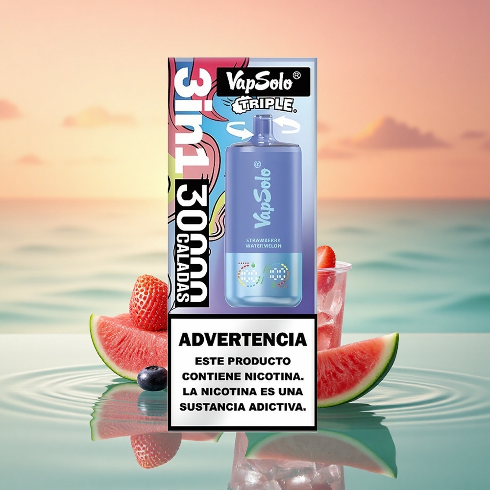 Vapsolo Triple 30000 Puffs Erdbeer-Wassermelone & Blaubeer-Eis mit 40ml E-Liquid und Typ-C-Ladeanschluss